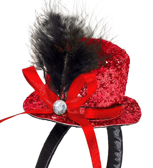 Mini  Top Hat With Feathers And Gemstone - Red
