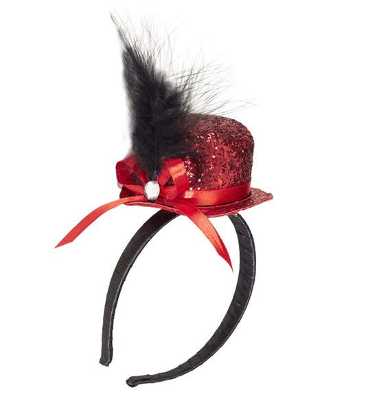 Mini  Top Hat With Feathers And Gemstone - Red