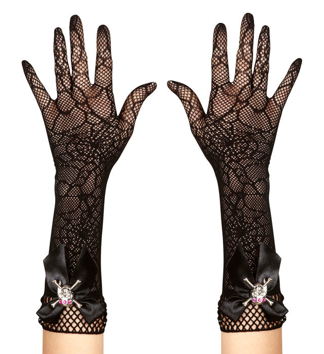 Strass Skull Spidermesh Gloves - 33 Cm