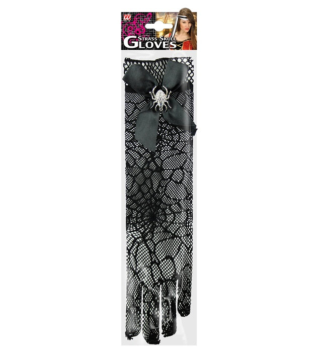 Strass Skull Spidermesh Gloves - 33 Cm