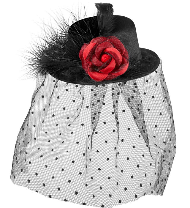 Black Mini Top Hats With Rose, Dotted Tulle & Feathers