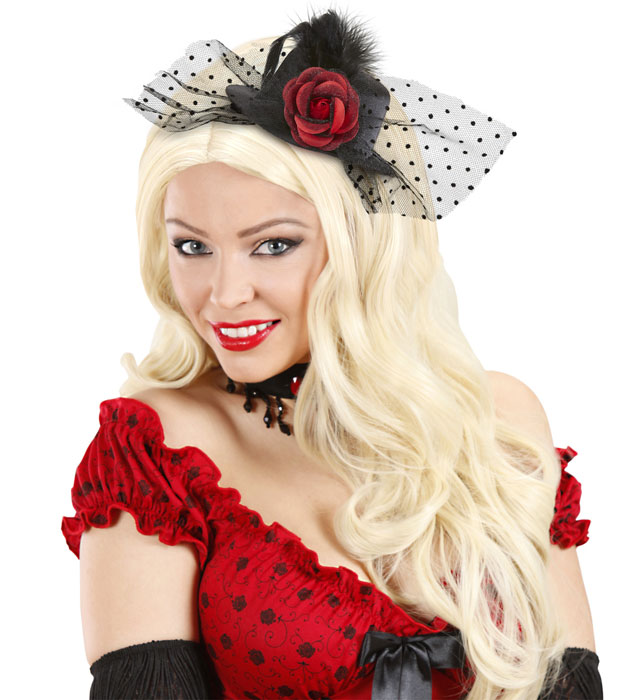 Black Mini Top Hats With Rose, Dotted Tulle & Feathers
