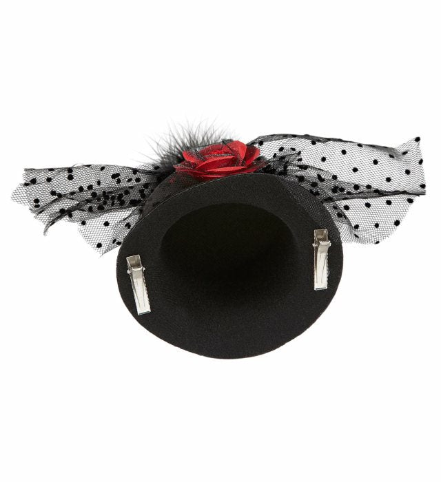 Black Mini Top Hats With Rose, Dotted Tulle & Feathers