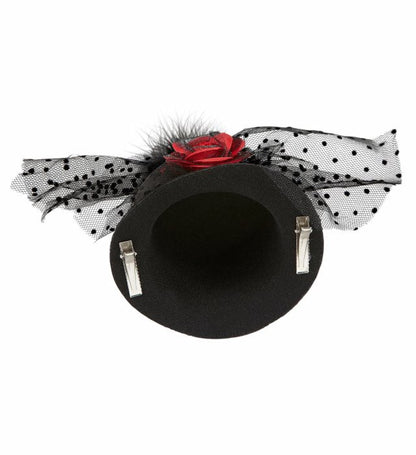 Black Mini Top Hats With Rose, Dotted Tulle & Feathers