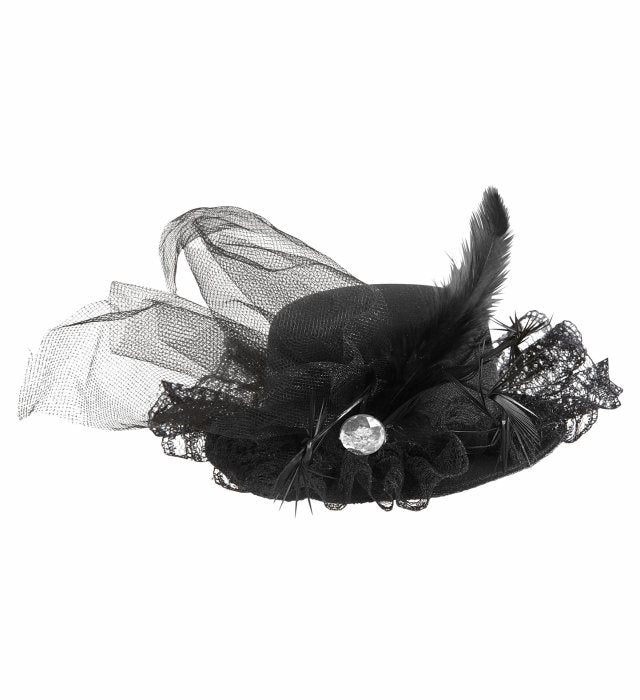 Black Mini Top Hats With Diamante, Lace, Tulle & Feathers