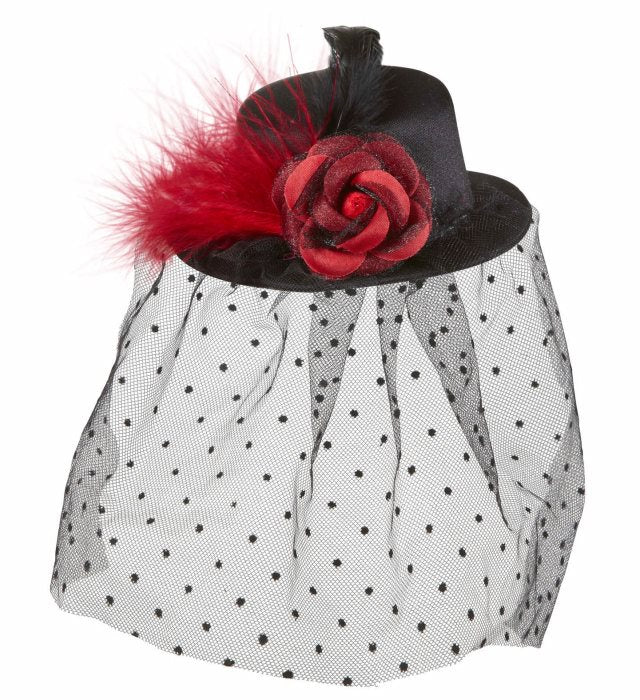 Black Mini Top Hats With Rose, Dotted Tulle Veil & Feathers