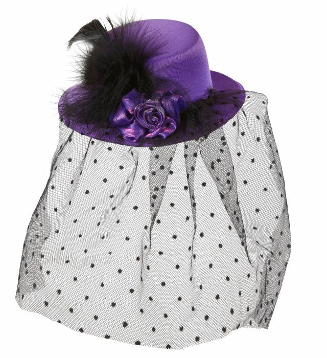 Purple Mini Top Hats With Rose, Dotted Tulle Veil & Feathers