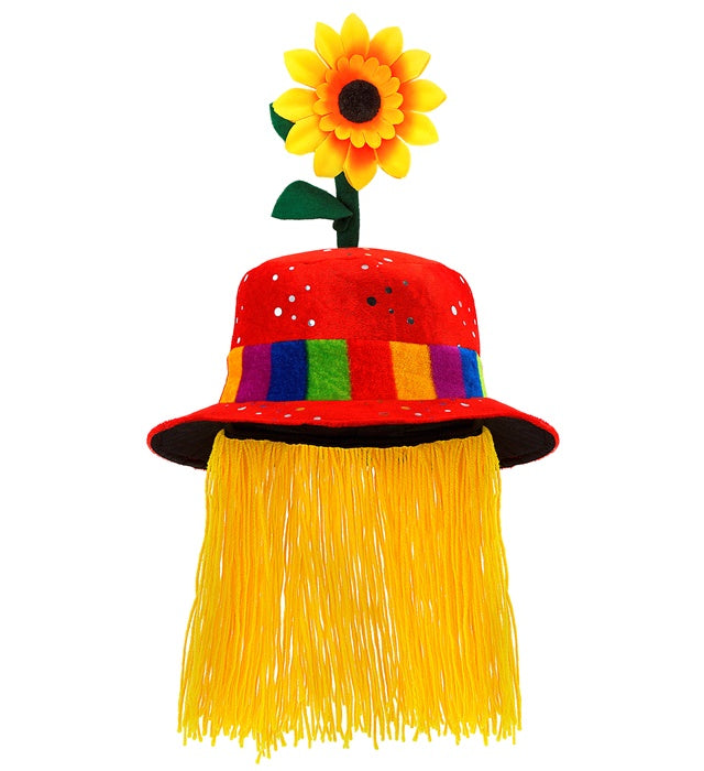 Velvet Red Clown Hat With Hair And Sunflower