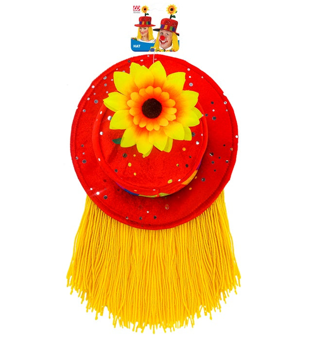 Velvet Red Clown Hat With Hair And Sunflower