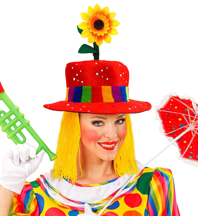 Velvet Red Clown Hat With Hair And Sunflower