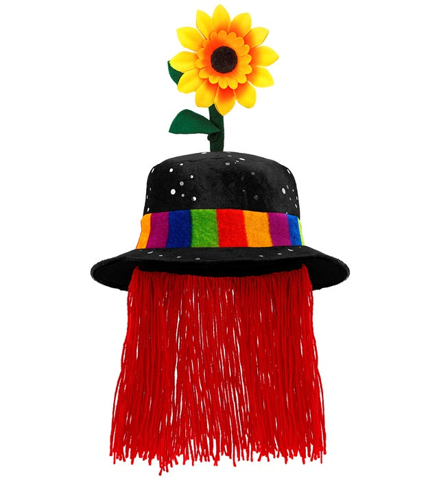 Velvet Black Clown Hat With Hair And Sunflower