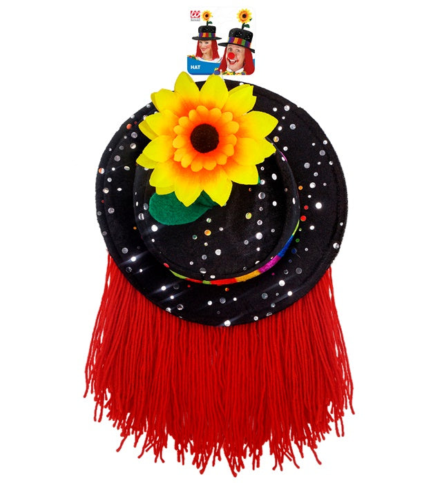 Velvet Black Clown Hat With Hair And Sunflower
