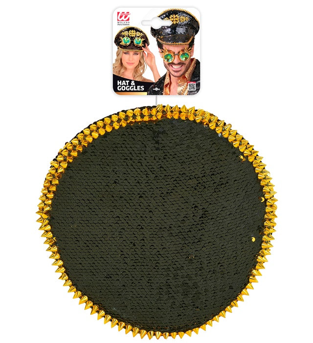 Hat Festival Spiked With Jewels & Spiked Kaleidoscopic Goggles Reversible Sequin Black/Gold 
