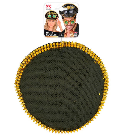 Hat Festival Spiked With Jewels & Spiked Kaleidoscopic Goggles Reversible Sequin Black/Gold 