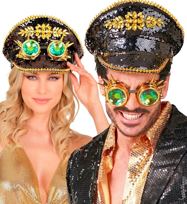 Hat Festival Spiked With Jewels & Spiked Kaleidoscopic Goggles Reversible Sequin Black/Gold 