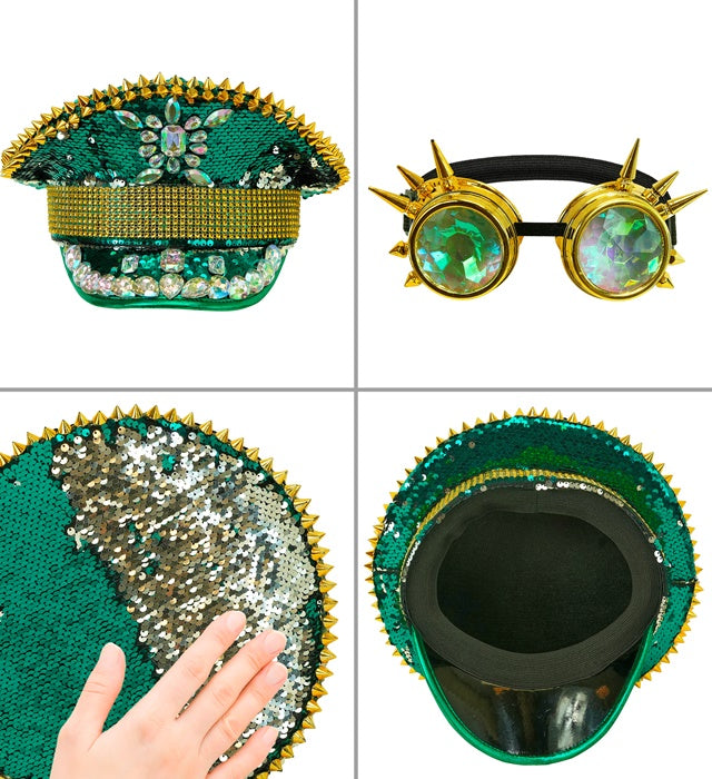 Hat Festival Spiked With Jewels & Spiked Kaleidoscopic Goggles Sequin Green 