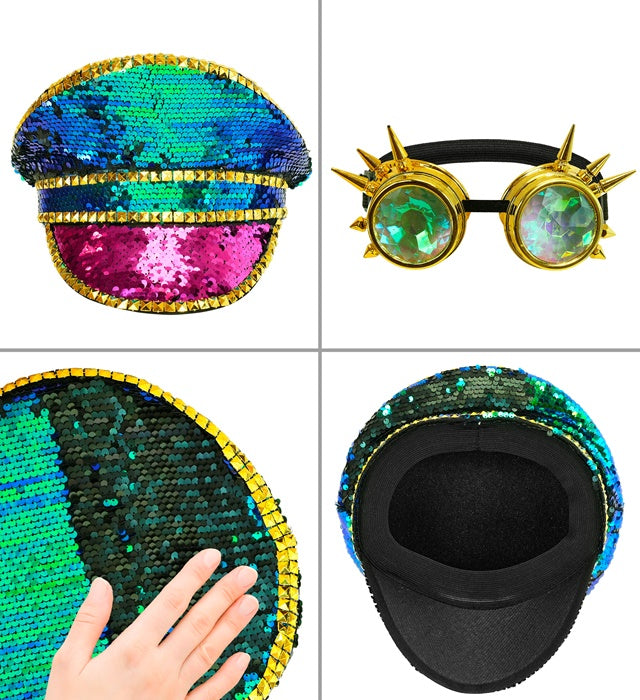 Hat Festival Studded With Spiked Kaleidoscopic Goggles Sequin Multicolor 