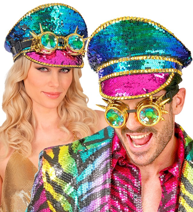 Hat Festival Studded With Spiked Kaleidoscopic Goggles Sequin Multicolor 