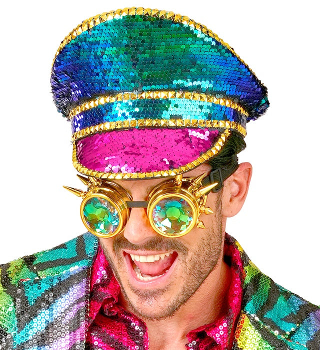 Hat Festival Studded With Spiked Kaleidoscopic Goggles Sequin Multicolor 