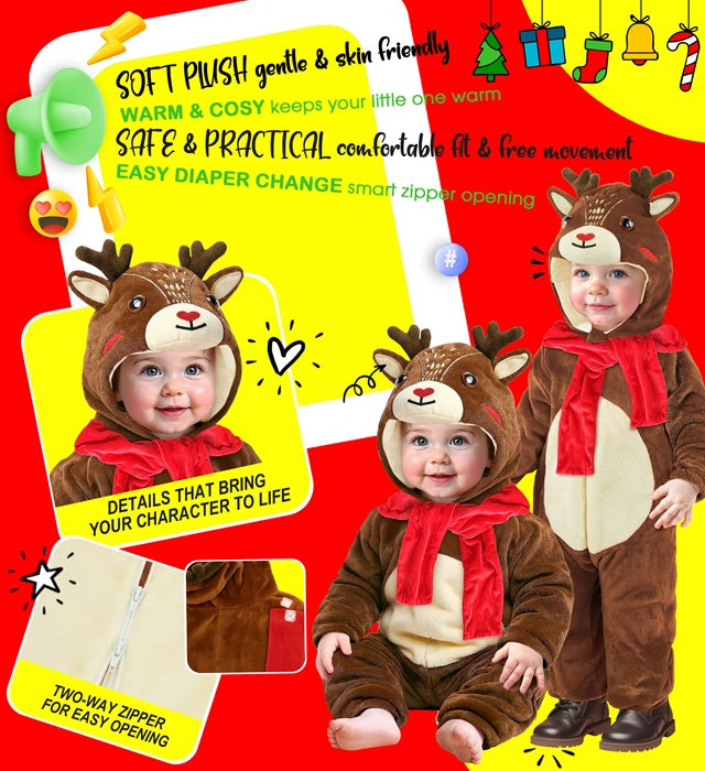 Reindeer Plush Velvet  Hooded Jumpsuit, Scarf 