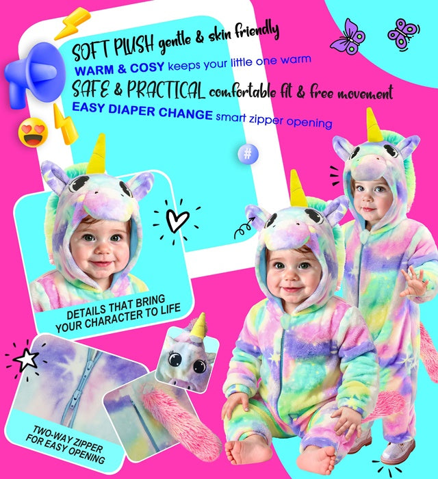 Unicorn Plush Velvet Rainbow  Hooded Jumpsuit 