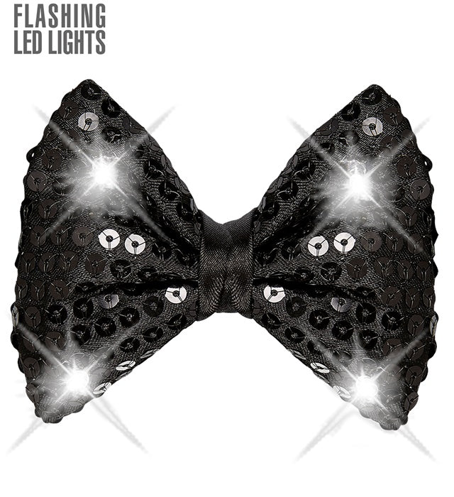 Adjustable Black Sequin Bow Tie With 4 Flashing Led Lights 