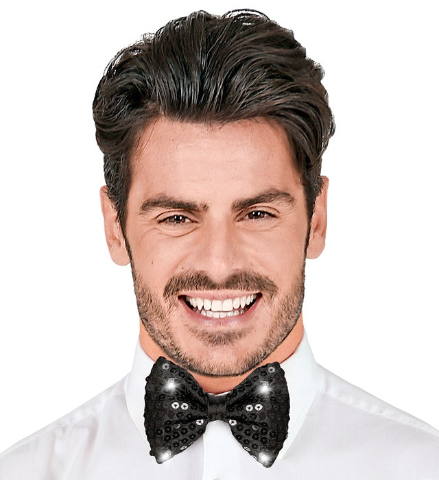 Adjustable Black Sequin Bow Tie With 4 Flashing Led Lights 