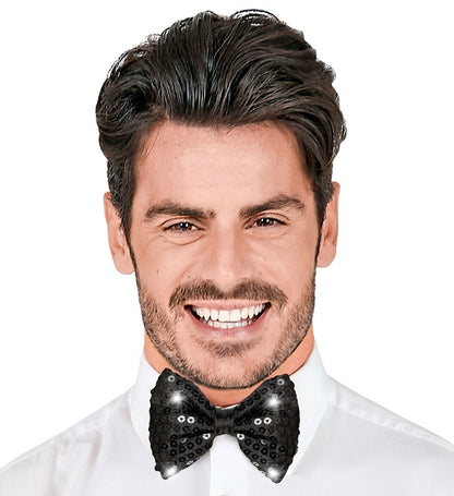 Adjustable Black Sequin Bow Tie With 4 Flashing Led Lights 