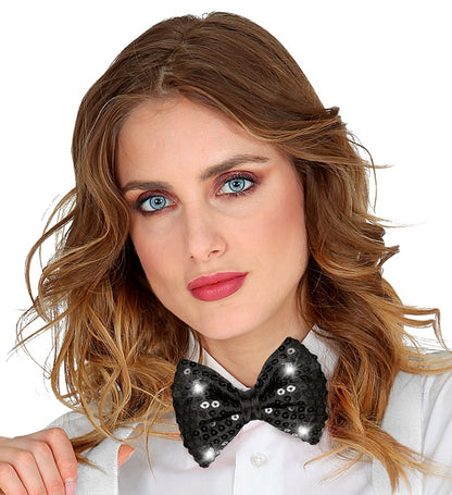 Adjustable Black Sequin Bow Tie With 4 Flashing Led Lights 