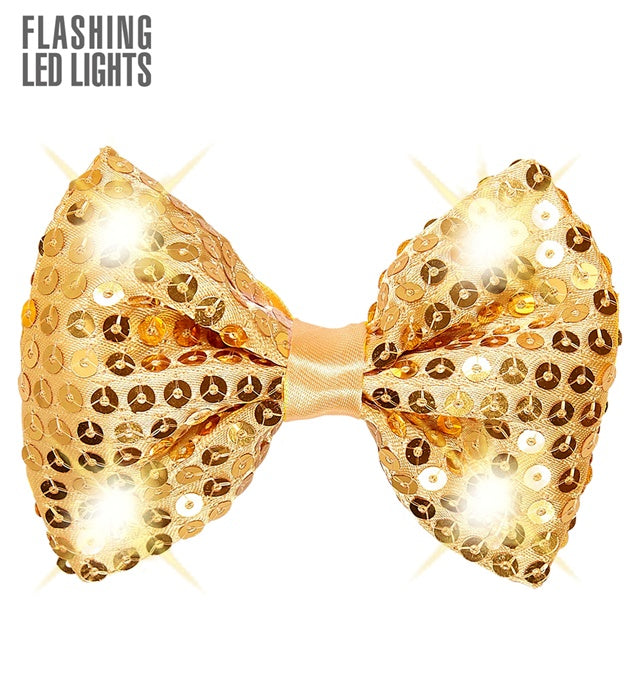 Adjustable Gold Sequin Bow Tie With 4 Flashing Led Lights 