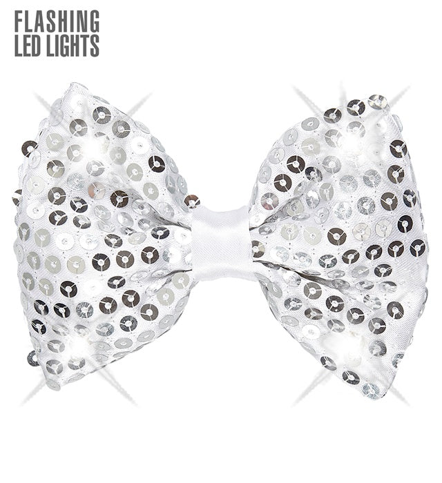 Adjustable Silver Sequin Bow Tie With 4 Flashing Led Lights 