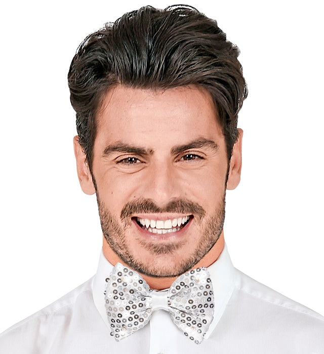 Adjustable Silver Sequin Bow Tie With 4 Flashing Led Lights 