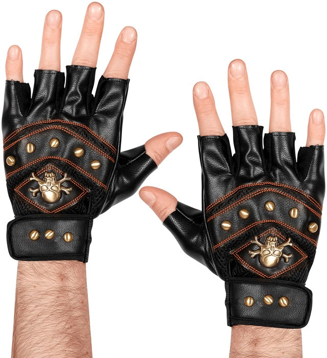 Leather Look Studded Fingerless Skull & Cross Bones Gloves