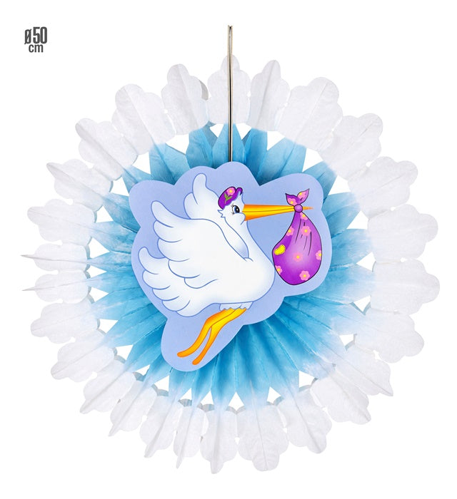 Azure Stork With Baby Paper Fan 50 Cm