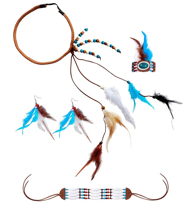 Indian  Headband With Feathers, Earrings, Choker, Bracelet 
