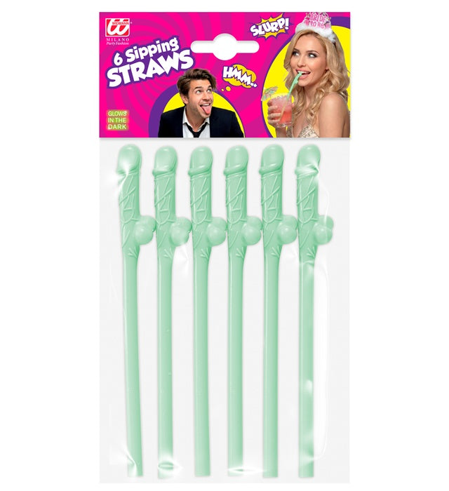 Set Of 6 Glow In The Dark Willy Sipping Straws