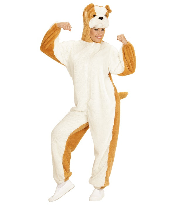 Bulldog In Soft Plush  Hooded Jumpsuit With Mask 