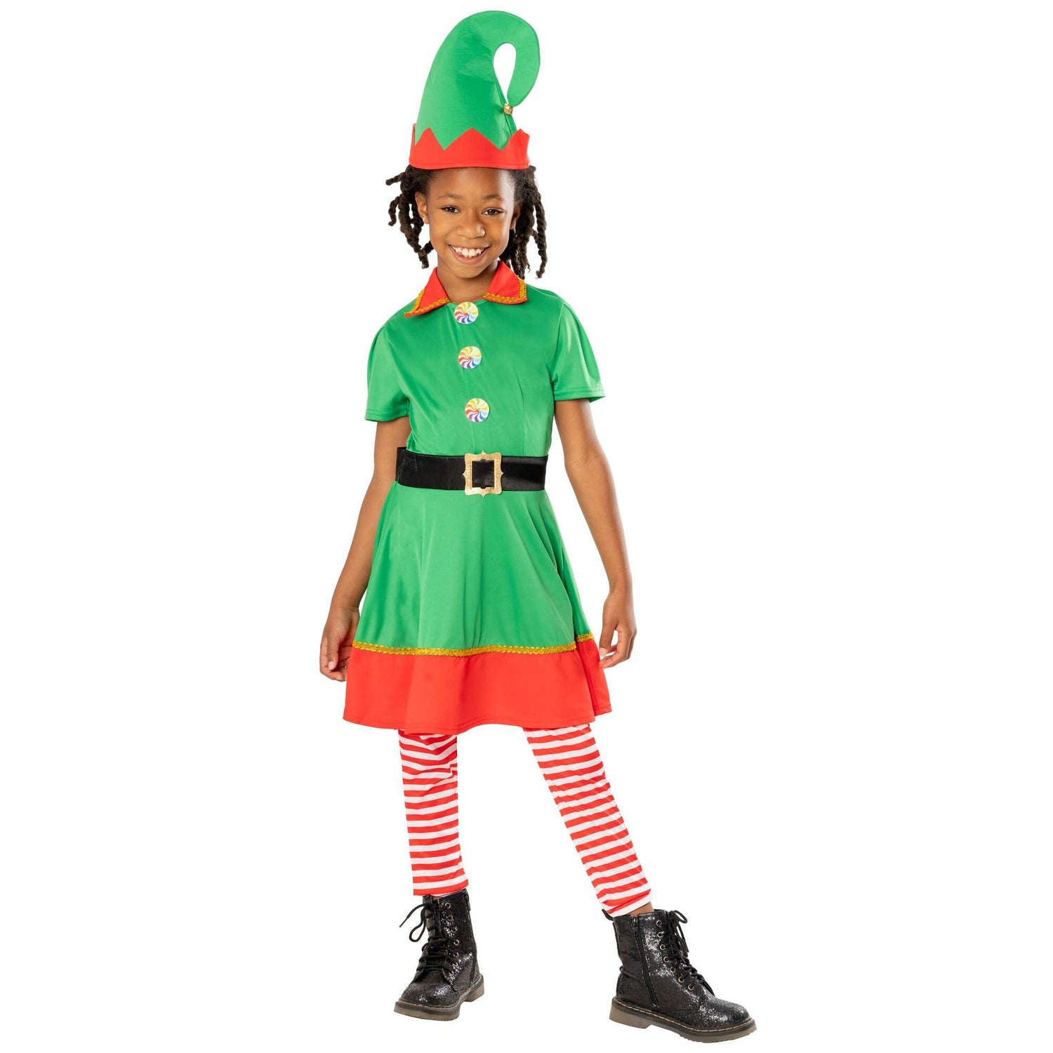 Kids Green Elf Dress Costume with Stockings and Hat 1