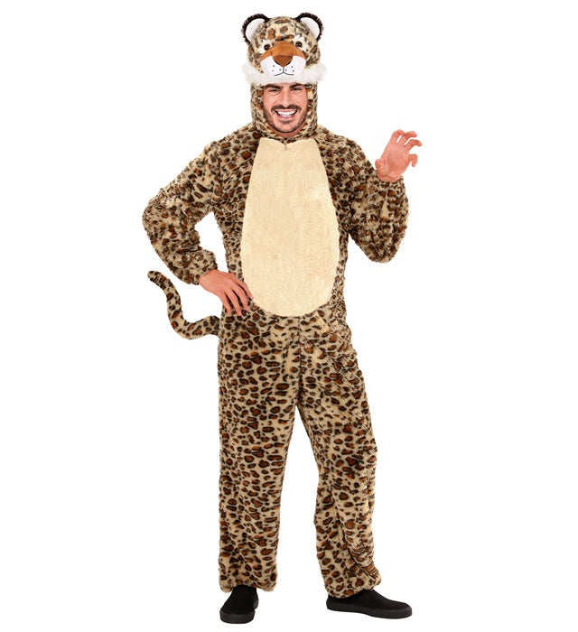 Leopard In Soft Plush  Hooded Jumpsuit With Mask 