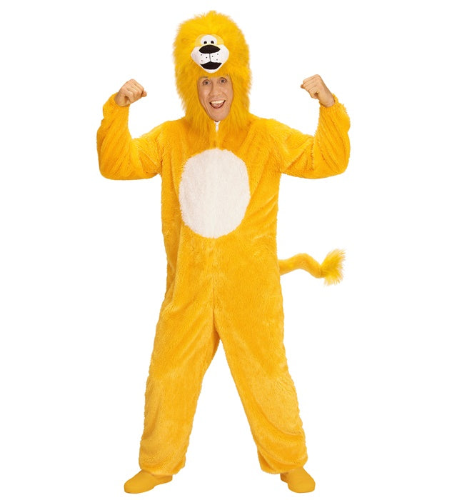 Yellow Lion In Soft Plush  Hooded Jumpsuit With Mask 