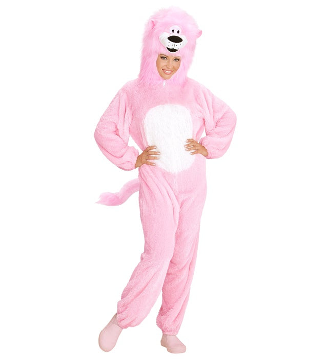 Pink Lion In Soft Plush  Hooded Jumpsuitwith Mask 