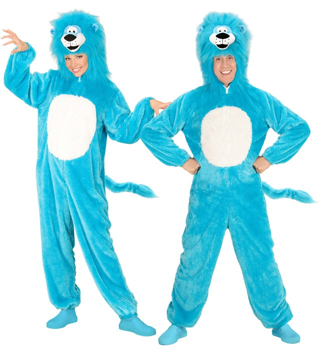 Azure Lion In Soft Plush  Hooded Jumpsuit With Mask 