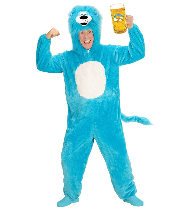Azure Lion In Soft Plush  Hooded Jumpsuit With Mask 