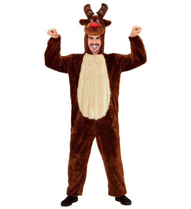 Reindeer In Soft Plush  Hooded Jumpsuit With Mask 