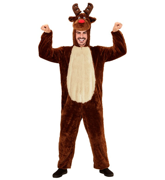 Reindeer In Soft Plush  Hooded Jumpsuit With Mask 