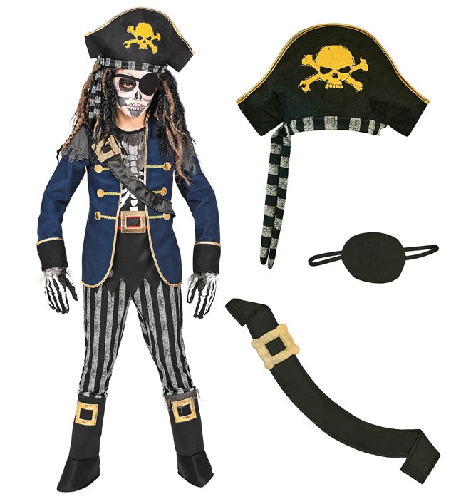 Pirate Captain Skeleton  Coat With Shirt, Belt & Sword Sash, Pants With Boot Covers, Hat With Bandana 