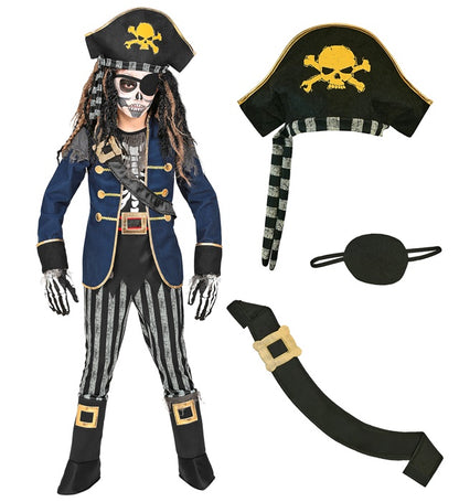 Pirate Captain Skeleton  Coat With Shirt, Belt & Sword Sash, Pants With Boot Covers, Hat With Bandana 