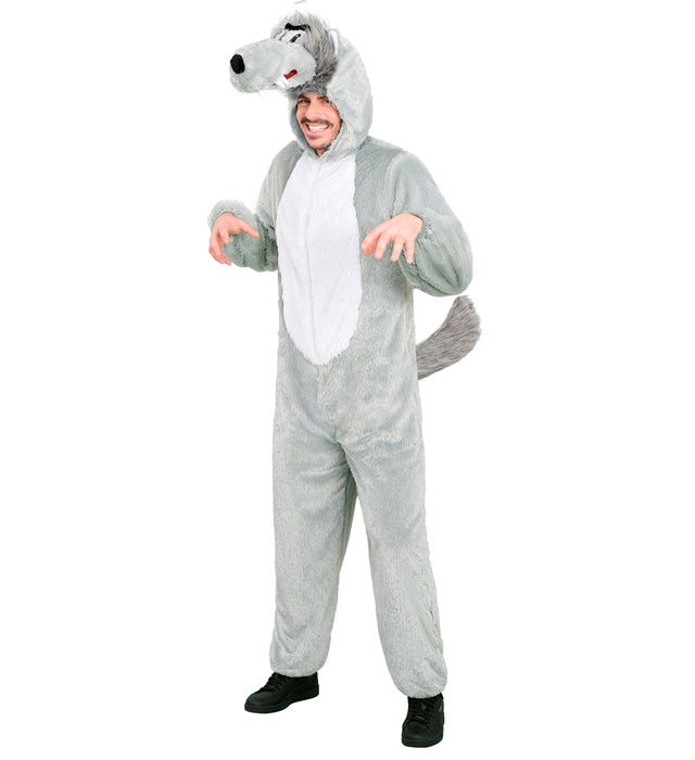 Wolf In Soft Plush  Hooded Jumpsuit With Mask 
