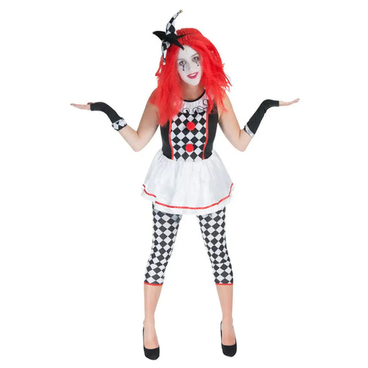 Ladies Clown Jester Costume Dress Gloves Leggings and Headband Harlequin 1