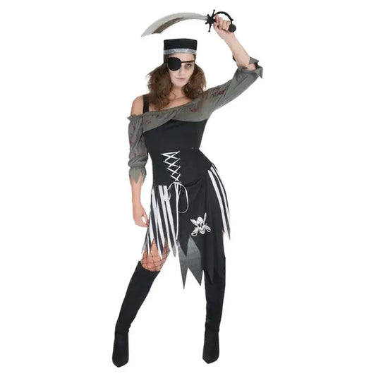 Zombie Pirate Costume Black and White Dress Corset Hat and Eyepatch 1